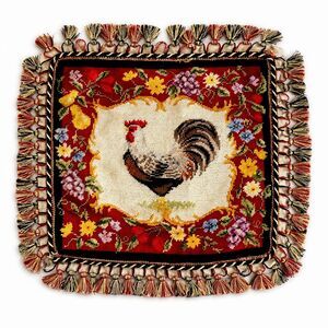 Needlepoint Rooster Pillow Cover Case Tassels French Country Cottage Farmhouse